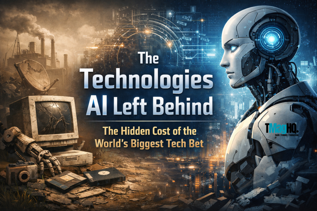 Conceptual illustration of AI growth overshadowing robotics, quantum computing, and metaverse technologies