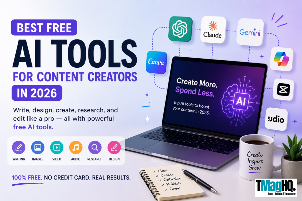 Best free AI tools for content creators in 2026 including ChatGPT, Claude, Gemini, Canva, and Copilot for writing, design, and research
