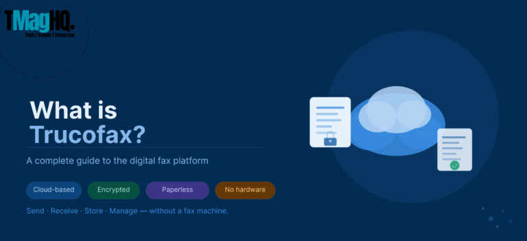 Abstract blue tech background with cloud and digital document icons representing Trucofax online fax service